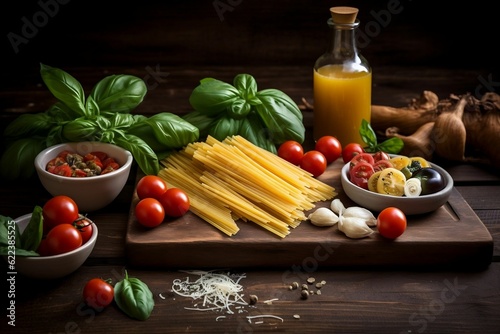 AI-generated illustration of Italian pasta with ingredients on a wooden table ready to be cooked.