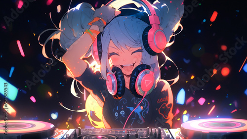 Lo-fi DJ girl. Retro anime character. Created with Generative AI.