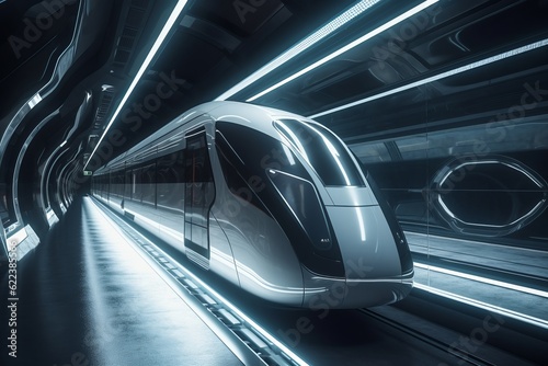 Futuristic train driving in tunnel, white neon lights - the vehicle of the future concept. Generative AI