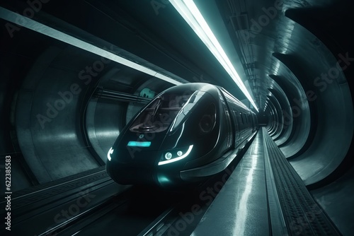 Futuristic train driving in tunnel, white neon lights - the vehicle of the future concept. Generative AI
