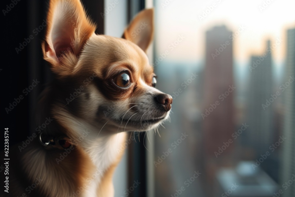 AI generated illustration of an adorable small dog sitting in front of a window AI generated illustration of an adorable small dog sitting in front of a window