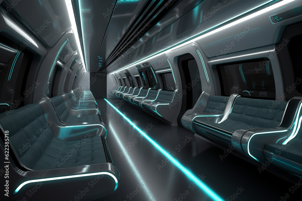 Interior of the salon of futuristic train, metro, subway - the vehicle of the future concept. Generative AI Interior of the salon of futuristic train, metro, subway - the vehicle of the future concept. Generative AI