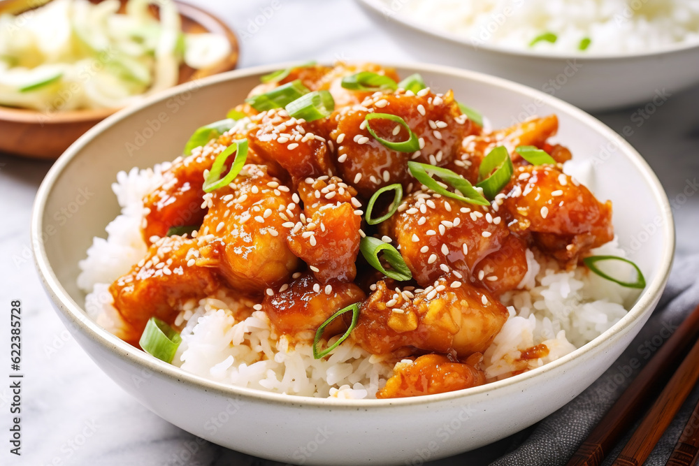 Korean style cauliflower with sour sweet spicy sauce and sesame and rice in a bowl. Delicious vegan dish. Healthy plant based diet concept Korean style cauliflower with sour sweet spicy sauce and sesame and rice in a bowl. Delicious vegan dish. Healthy plant based diet concept