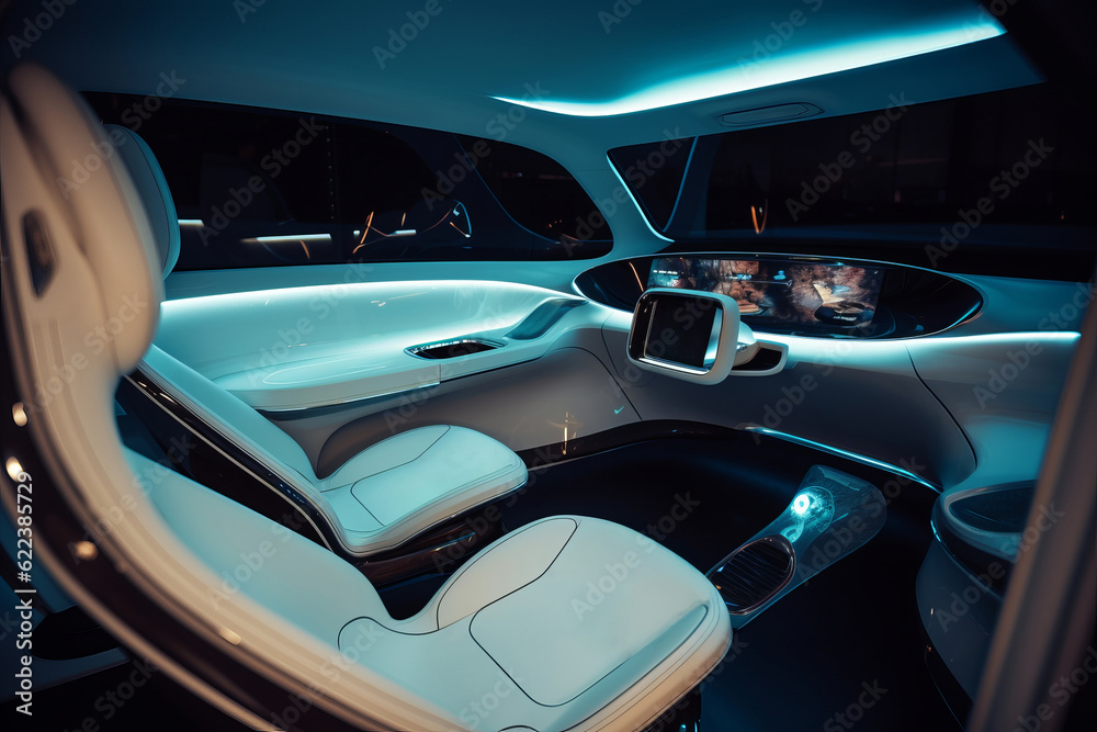 Interior of the salon of futuristic car - the vehicle of the future concept. Generative AI
