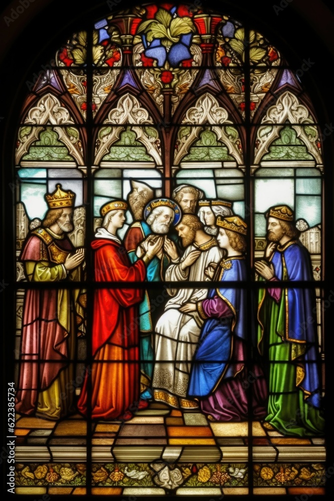 AI generated illustration of a stunning stained glass window in a church