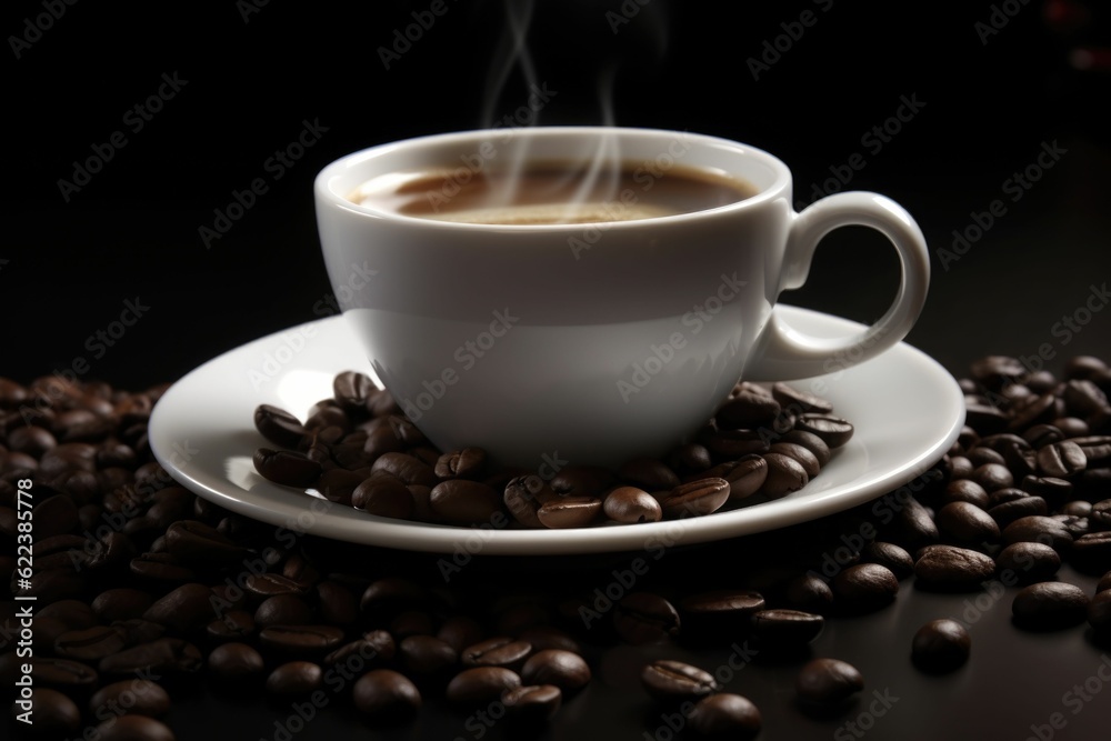 AI generated illustration of a cup of coffee with with roasted coffee beans AI generated illustration of a cup of coffee with with roasted coffee beans