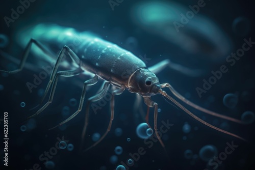 AI generated illustration of small insect floating in a body of water with small bubbles