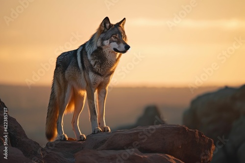 AI generated illustration of a majestic grey wolf stands atop a rocky hill © Lee Gregory/Wirestock Creators