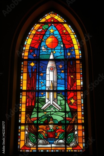 AI generated illustration of a stained glass window featuring a rocket