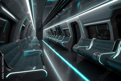 Interior of the salon of futuristic train, metro, subway - the vehicle of the future concept. Generative AI