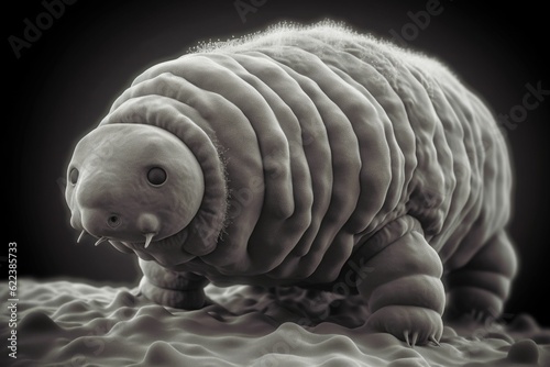 AI generated illustration of a fluffy textured flea perched on a sandy surface