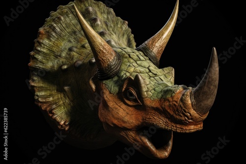AI generated illustration of a dinosaur with two horns on the dark background