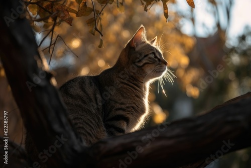Photo AI generated illustration of a grey tabby cat perched on a tree branch looking o