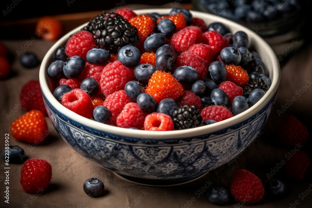 AI generated illustration of a ceramic bowl filled with ripe, juicy berries AI generated illustration of a ceramic bowl filled with ripe, juicy berries