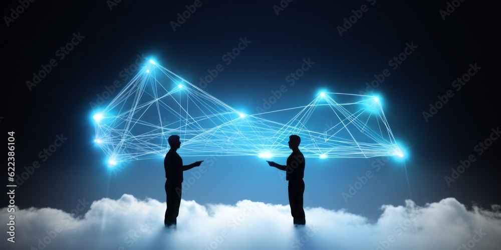people connected via cloud, cyberspace, CGI Image of Two Smartphones Networking with the Cloud, Creating Links in a Space of Light Blue