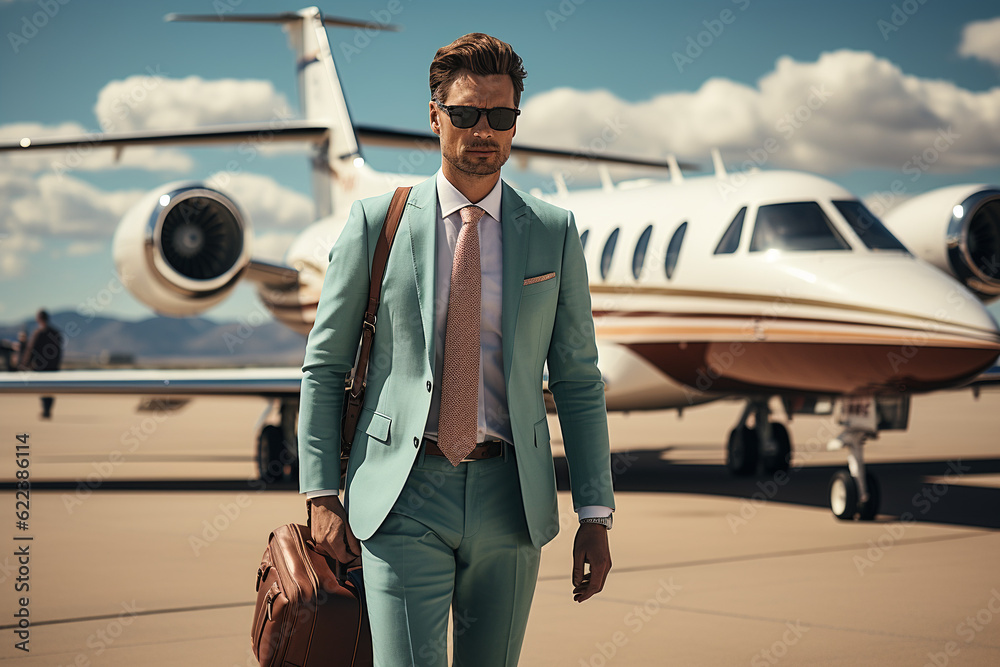 Portrait of a businessman in front of business jet. Financial success concept. Portrait of a businessman in front of business jet. Financial success concept.