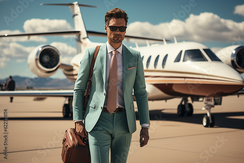 Portrait of a businessman in front of business jet Fototapet