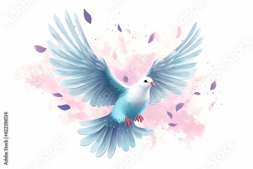 AI generated illustration of a white dove in mid-flight against backdrop of vibrant watercolor hues
