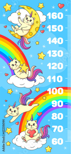 Kids height chart ruler with cartoon funny caticorn cats on rainbow, vector growth meter. Baby tall measure ruler with cartoon cat unicorn on cloud and moon, kitty caticorn with magic star and heart