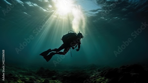 AI-generated illustration of a scuba diver seen underwater illuminated by sunlight.