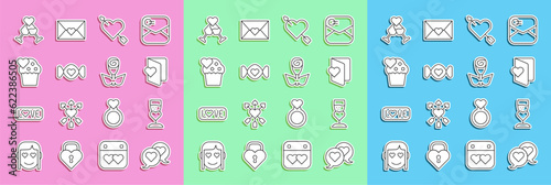 Set line Heart in speech bubble, Glass of champagne, Valentines day flyer, Amour with heart and arrow, Candy, Wedding cake, and Flower rose icon. Vector