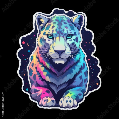 AI generated illustration of a vibrant snow leopard sticker set against a stark black background