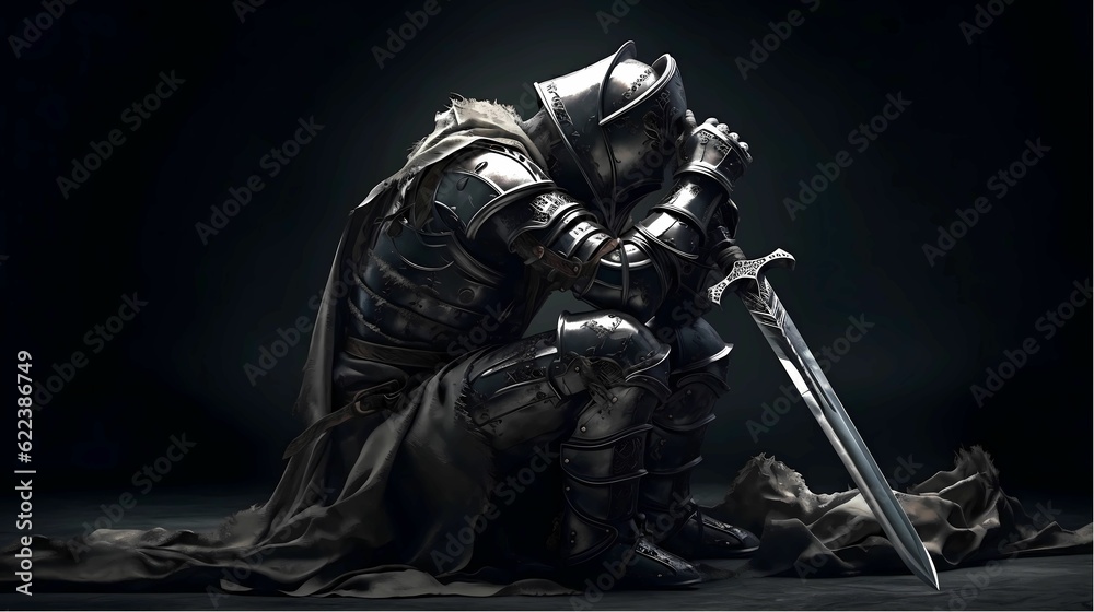 AI generated illustration of a knight in full armor kneels in a heroic ...