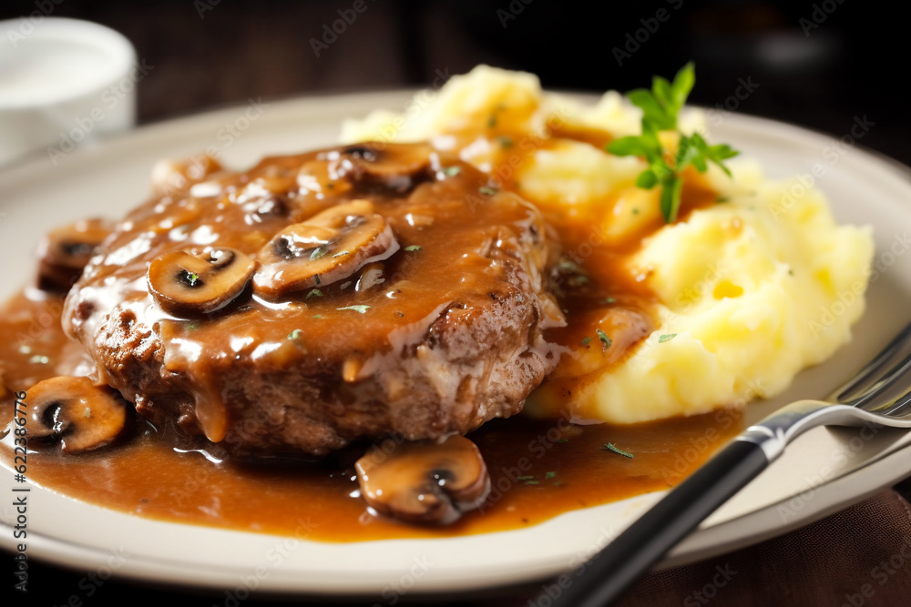 Delicious home cooked Salisbury steak with thick luscious brown mushroom gravy served with mashed potatoes on a plate. Traditional American cuisine dish specialty for family dinner holiday celebration Delicious home cooked Salisbury steak with thick luscious brown mushroom gravy served with mashed potatoes on a plate. Traditional American cuisine dish specialty for family dinner holiday celebration