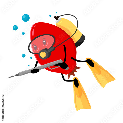 Cartoon rosehip berry character diver hunt with underwater gun at summer getaway. Vector amusing rose hip engaging in scuba diving leisure. Humorous diver food personage relaxing in sea hunting