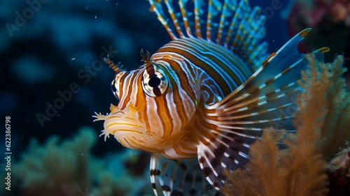 AI generated illustration of a lionfish swimming in the crystal clear waters of tropical coral reef