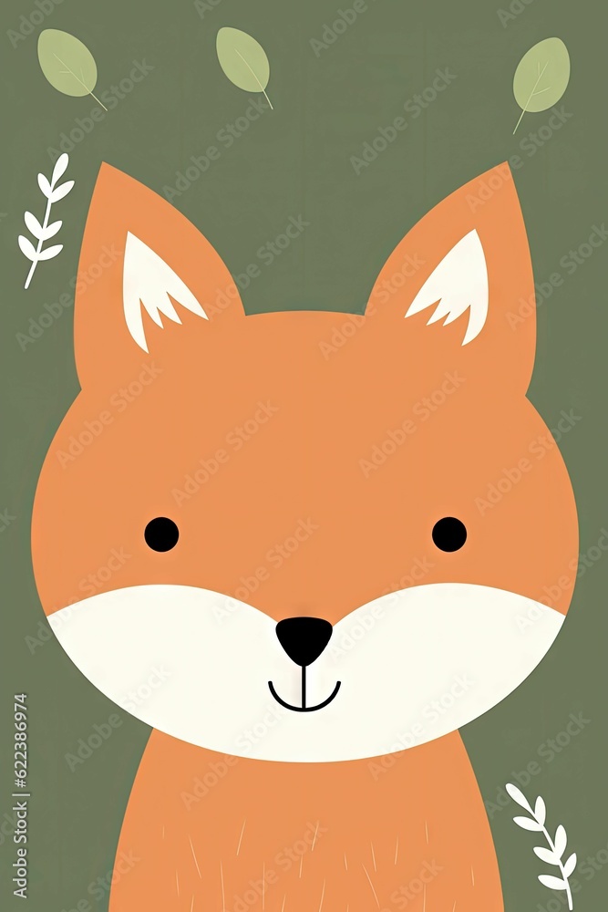 Naklejka premium a small fox with leaves in the background in a cartoon style