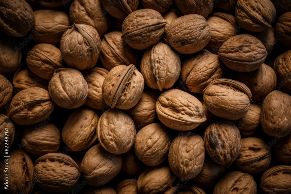 AI generated illustration of shelled walnuts arranged in a stack AI generated illustration of shelled walnuts arranged in a stack