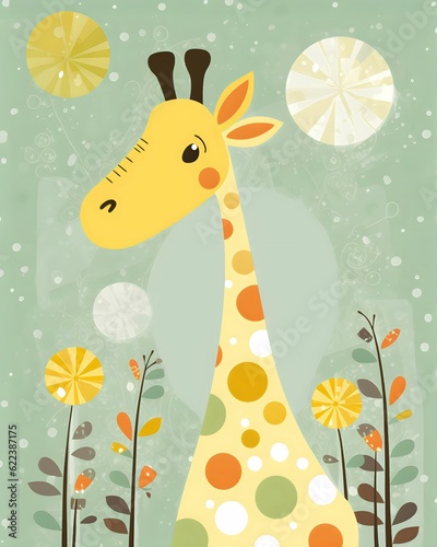 AI-generated illustration of a painting of a cute giraffe in its natural habitat.