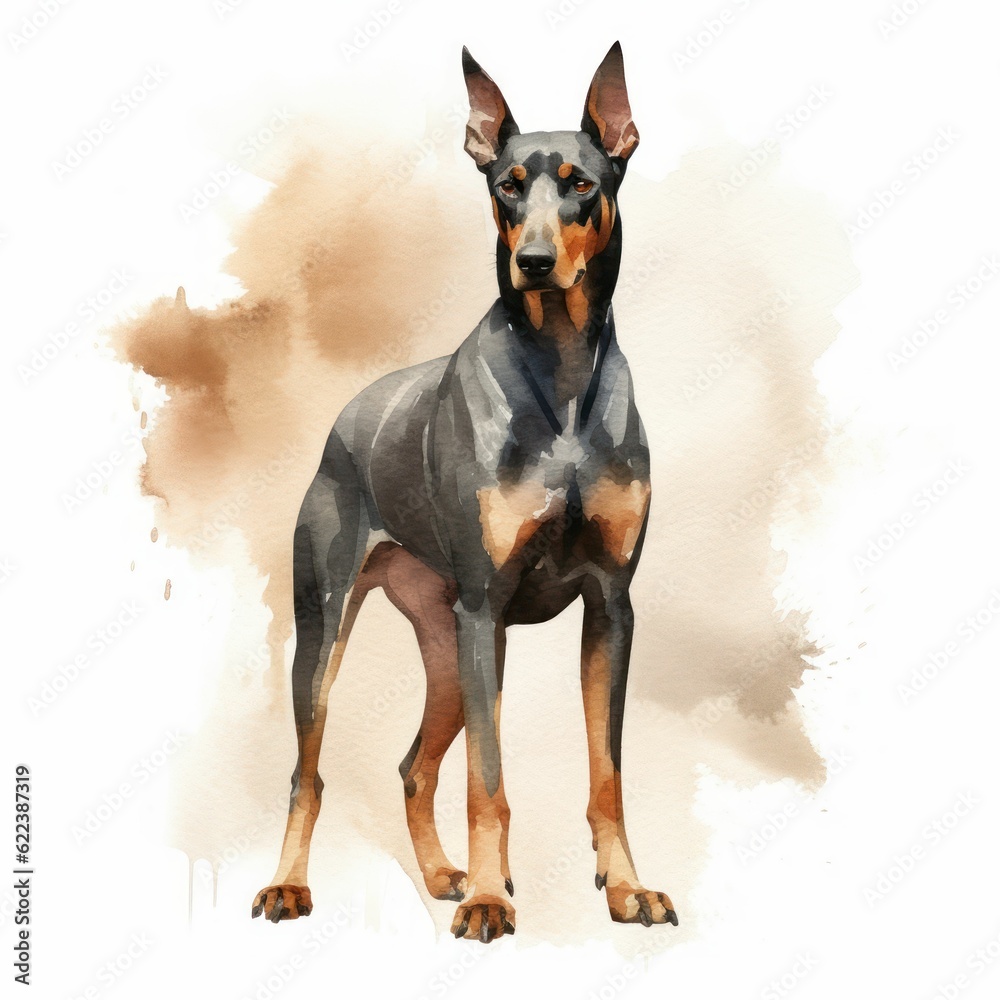 AI generated illustration of a painting of a black Doberman in watercolor on a white background