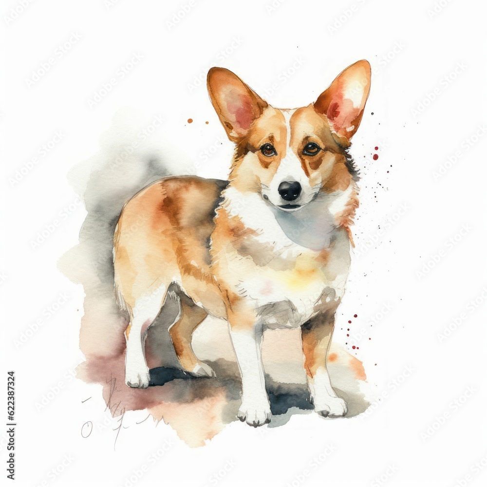 AI generated illustration of a painting of a brown Corgi in watercolor on a white background