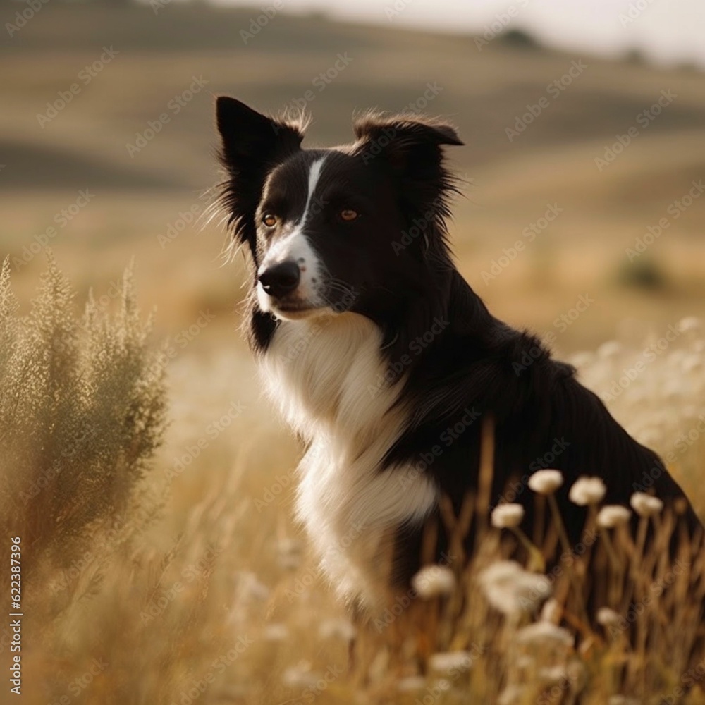 AI generated illustration of A black and white Border Collie sitting in a lush field of tall grass