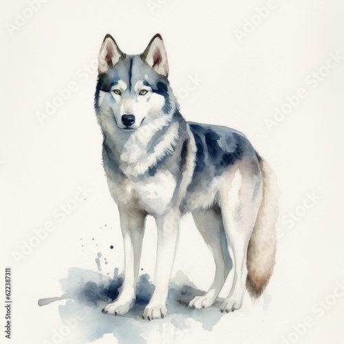 AI generated illustration of a painting of an adorable Husky in watercolor on a white background