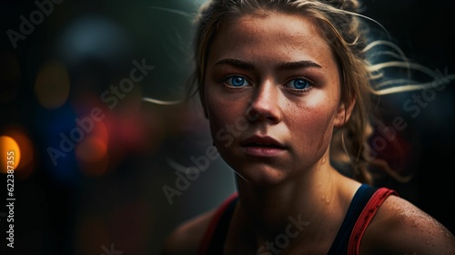 AI-generated illustration of a beautiful young Caucasian woman with an intense gaze.