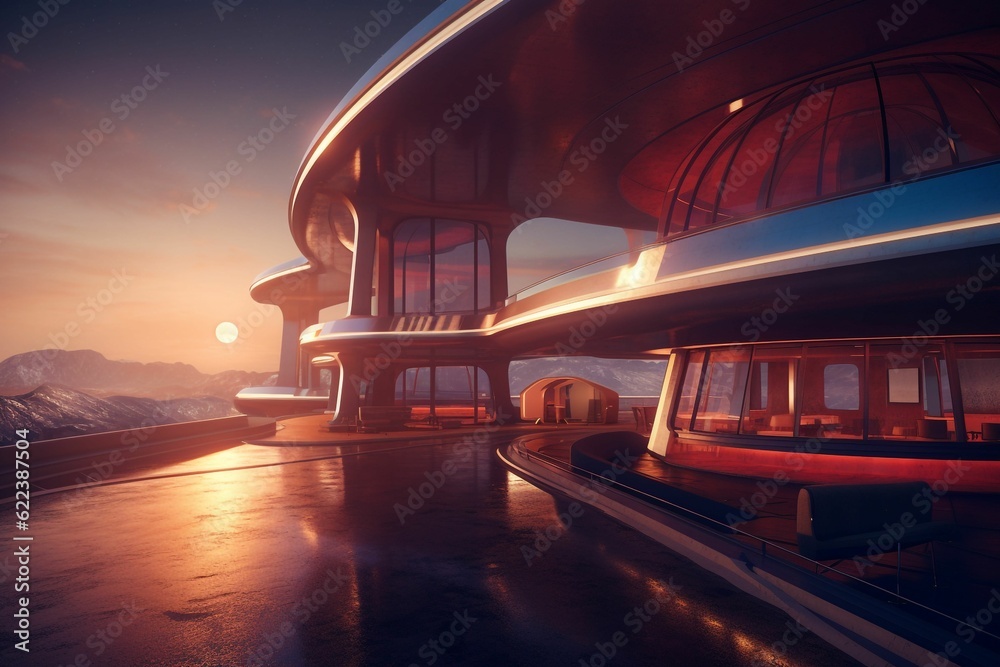 AI-generated illustration of a futuristic building at sunset with mountains in the background.