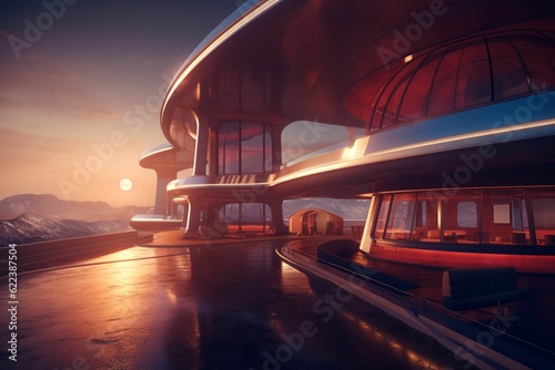AI-generated illustration of a futuristic building at sunset with mountains in the background.