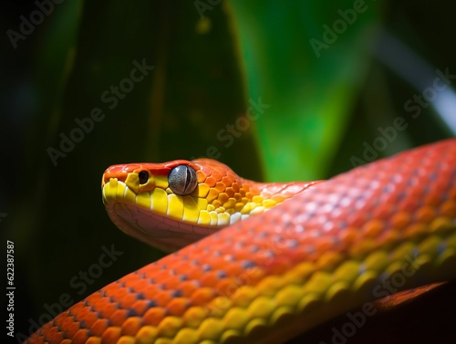 AI generated illustration of a large snake coiled on a branch of a tree