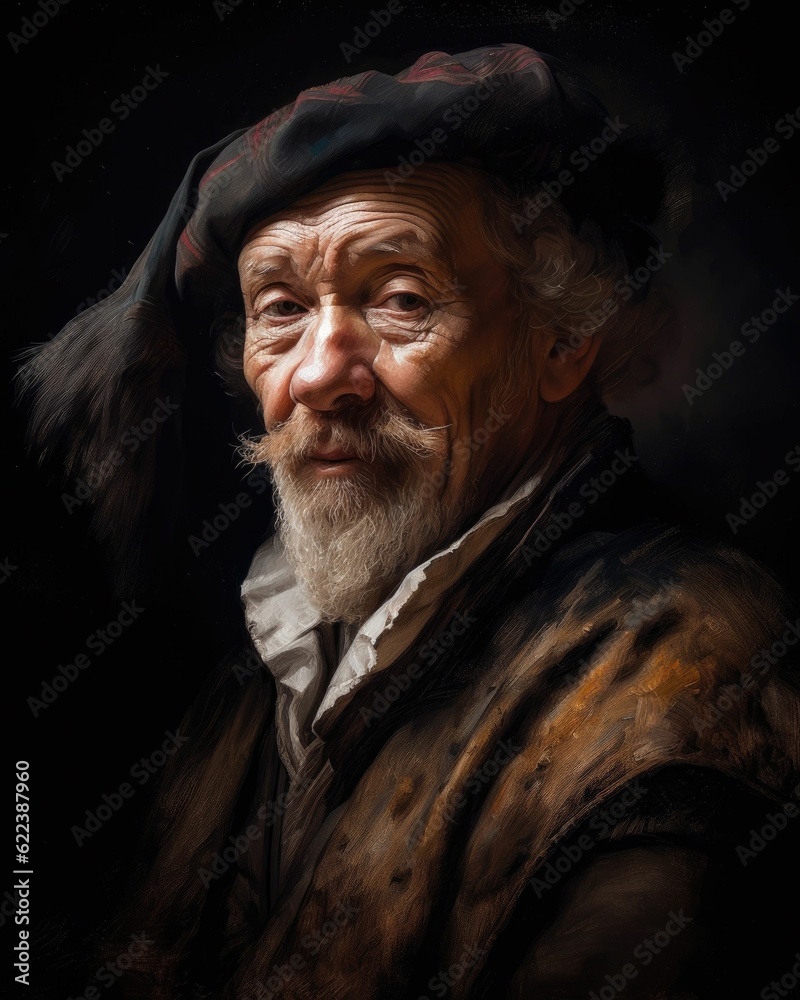 AI generated illustration of a mature man wearing a hat and long beard stands confidently