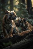 AI generated illustration of Two majestic tigers cubs perched atop a tree