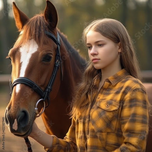 AI generated illustration of a young girl posing with a majestic brown horse in a peaceful meadow