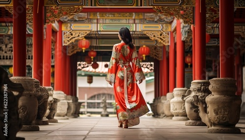 View from Behind on a Woman in Traditional Chinese Dress Generative AI photo