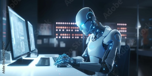 AI generated illustration of an automated humanoid robot working on a computer in a dimly lit room © Brianshoe/Wirestock Creators