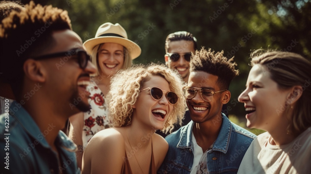 Fototapeta premium AI-generated illustration of a diverse group of young adults laughing and socializing together.