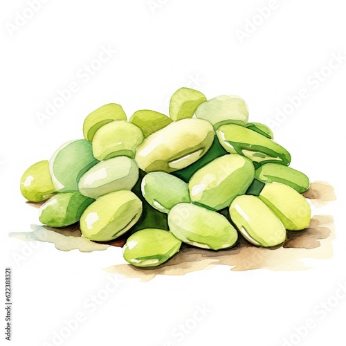 Organic Lima Beans Legumes Background, Square Watercolor Illustration. Plant-based Protein, Vegetarian Food. Ai Generated Soft Colored Watercolor Illustration with Healthy Vegan Lima Beans Legumes. photo