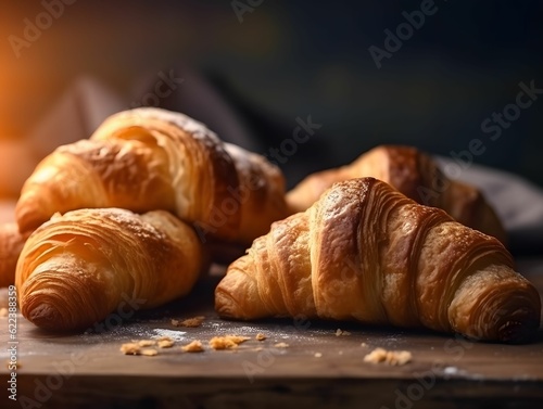 AI generated illustration of A delicious assortment of freshly-baked croissants on a wooden table