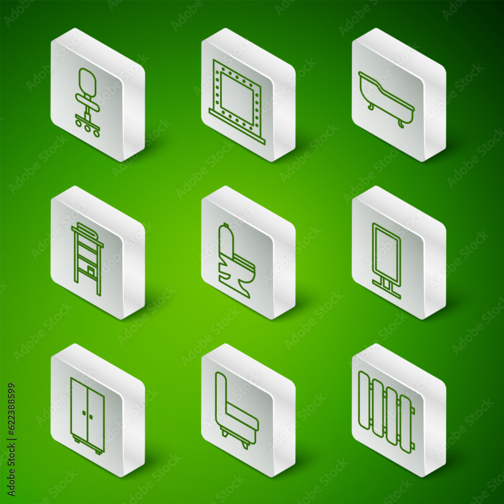 Set line Heating radiator, Armchair, Office, Toilet bowl, Bathroom rack with shelves for towels, Makeup mirror lights, Wardrobe and Big full length icon. Vector Set line Heating radiator, Armchair, Office, Toilet bowl, Bathroom rack with shelves for towels, Makeup mirror lights, Wardrobe and Big full length icon. Vector